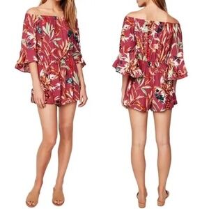 EXPRESS Women's Burgundy Tropical Floral Off-Shoulder Romper